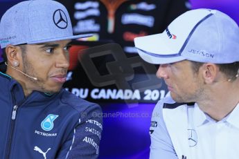 World © Octane Photographic Ltd. Formula 1 Canada – Circuit Gilles Villeneuve, Montreal. Thursday 5th June 2014. Drivers’ press conference. Mercedes AMG Petronas – Lewis Hamilton and McLaren Mercedes - Jenson Button. Digital Ref : 0977LB1D1148