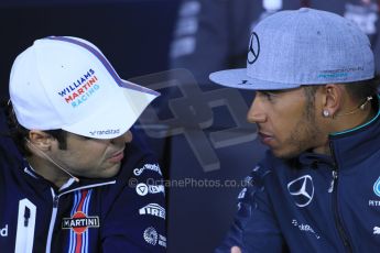 World © Octane Photographic Ltd. Formula 1 Canada – Circuit Gilles Villeneuve, Montreal. Thursday 5th June 2014. Drivers’ press conference. Williams Martini Racing – Felipe Massa and Mercedes AMG Petronas – Lewis Hamilton. Digital Ref : 0977LB1D1200