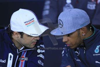 World © Octane Photographic Ltd. Formula 1 Canada – Circuit Gilles Villeneuve, Montreal. Thursday 5th June 2014. Drivers’ press conference. Williams Martini Racing – Felipe Massa and Mercedes AMG Petronas – Lewis Hamilton. Digital Ref : 0977LB1D1211