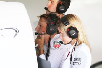World © Octane Photographic Ltd. Friday 18th July 2014. Post F1 practice 1 pitlane – German GP - Hockenheim. McLaren Mercedes MP4/29 - Jenson Button engineering debrief. Digital Ref : 1039CB7D4686