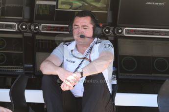 World © Octane Photographic Ltd. Friday 18th July 2014. Post F1 practice 1 pitlane – German GP - Hockenheim. McLaren Mercedes pitwall - Eric Boullier. Digital Ref : 1039CB7D4701