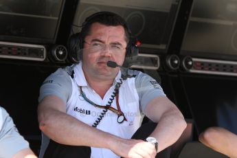 World © Octane Photographic Ltd. Friday 18th July 2014. Post F1 practice 1 pitlane – German GP - Hockenheim. McLaren Mercedes pitwall - Eric Boullier. Digital Ref : 1039CB7D4784