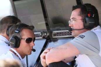 World © Octane Photographic Ltd. Friday 18th July 2014. Post F1 practice 1 pitlane – German GP - Hockenheim. McLaren Mercedes pitwall - Sam Michael and Eric Boullier. Digital Ref : 1039CB7D4798