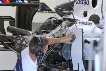 World © Octane Photographic Ltd. Friday 18th July 2014. Post F1 practice 1 pitlane – German GP - Hockenheim. Williams Martini Racing FW36 sidepod and engine detail. Digital Ref : 1039CB7D4811