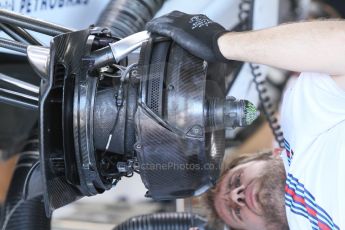World © Octane Photographic Ltd. Friday 18th July 2014. Post F1 practice 1 pitlane – German GP - Hockenheim. Williams Martini Racing FW36 front brakes. Digital Ref : 1039CB7D4815