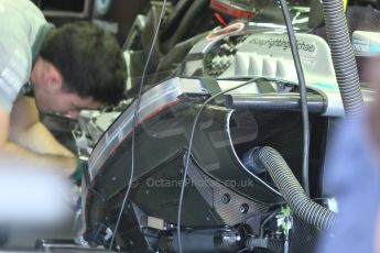 World © Octane Photographic Ltd. Friday 18th July 2014. Post F1 practice 1 pitlane – German GP - Hockenheim. Mercedes AMG Petronas F1 W05 Hybrid radiator and sidepod detail. Digital Ref : 1039CB7D4842