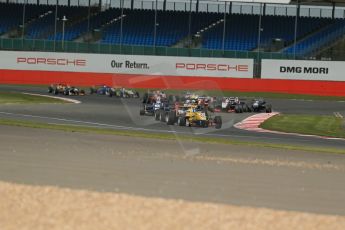 World © Octane Photographic Ltd. FIA European F3 Championship, Silverstone, UK, April 19th 2014 - Race 1. Jagonya Ayam with Carlin – Dallara F312 Volkswagen – Tom Blomqvist leads the pack from the start. Digital Ref : 0909lb1d6787