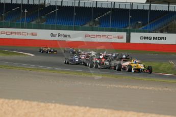 World © Octane Photographic Ltd. FIA European F3 Championship, Silverstone, UK, April 19th 2014 - Race 1. Jagonya Ayam with Carlin – Dallara F312 Volkswagen – Tom Blomqvist leads the pack from the start. Digital Ref : 0909lb1d6790