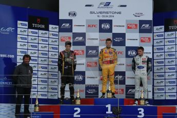 World © Octane Photographic Ltd. FIA European F3 Championship, Silverstone, UK, April 19th 2014 - Race 1 podium. 1st - Jagonya Ayam with Carlin, Tom Blomqvist. 2nd  - Prema Powerteam - Esteban Ocon. 3rd Carlin - Jordan King. Digital  Digital Ref : 0909lb1d7000