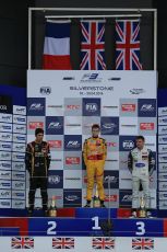 World © Octane Photographic Ltd. FIA European F3 Championship, Silverstone, UK, April 19th 2014 - Race 1 podium. 1st - Jagonya Ayam with Carlin, Tom Blomqvist. 2nd  - Prema Powerteam - Esteban Ocon. 3rd - Carlin - Jordan King. Digital  Digital Ref : 0909lb1d7016