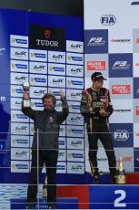 World © Octane Photographic Ltd. FIA European F3 Championship, Silverstone, UK, April 19th 2014 - Race 1 podium. 1st - Jagonya Ayam with Carlin team boss and 3rd - Carlin - Jordan King. Digital  Digital Ref : 0909lb1d7042