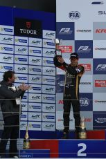 World © Octane Photographic Ltd. FIA European F3 Championship, Silverstone, UK, April 19th 2014 - Race 1 podium. 1st - Jagonya Ayam with Carlin team boss and 3rd - Carlin - Jordan King. Digital  Digital Ref : 0909lb1d7055