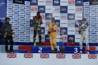 World © Octane Photographic Ltd. FIA European F3 Championship, Silverstone, UK, April 19th 2014 - Race 1 podium. 1st - Jagonya Ayam with Carlin, Tom Blomqvist. 2nd  - Prema Powerteam - Esteban Ocon. Digital  Digital Ref : 0909lb1d7077