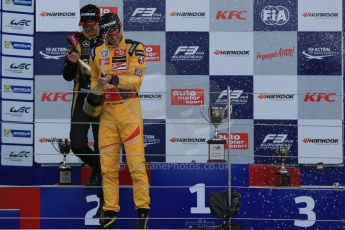 World © Octane Photographic Ltd. FIA European F3 Championship, Silverstone, UK, April 19th 2014 - Race 1 podium. 1st - Jagonya Ayam with Carlin, Tom Blomqvist. 2nd  - Prema Powerteam - Esteban Ocon. Digital  Digital Ref : 0909lb1d7086