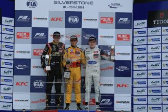 World © Octane Photographic Ltd. FIA European F3 Championship, Silverstone, UK, April 19th 2014 - Race 1 podium. 1st - Jagonya Ayam with Carlin, Tom Blomqvist. 2nd  - Prema Powerteam - Esteban Ocon. 3rd Carlin - Jordan King. Digital  Digital Ref : 0909lb1d7116