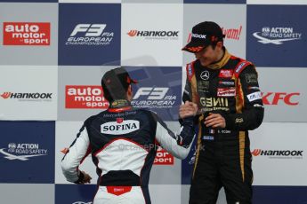 World © Octane Photographic Ltd. FIA European F3 Championship, Silverstone, UK, April 19th 2014 - Race 2. Prema Powerteam - Dallara F312 Mercedes – Nicholas Latifi and Prema Powerteam - Dallara F312 Mercedes – Esteban Ocon. Digital Ref : 0910lb1d1435