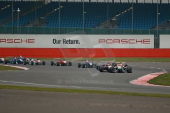 World © Octane Photographic Ltd. FIA European F3 Championship, Silverstone, UK, April 20th 2014 - Race 3. Prema Powerteam - Dallara F312 Mercedes – Antonio Fuoco and Esteban Ocon lead the pack on the opening lap. Digital Ref : 0911lb1d1546