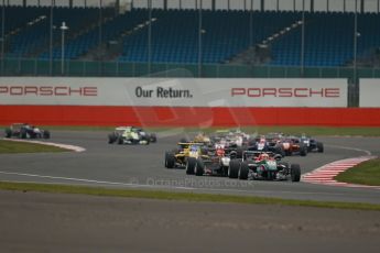 World © Octane Photographic Ltd. FIA European F3 Championship, Silverstone, UK, April 20th 2014 - Race 3. Prema Powerteam - Dallara F312 Mercedes – Antonio Fuoco and Esteban Ocon lead the pack on the opening lap. Digital Ref : 0911lb1d1553