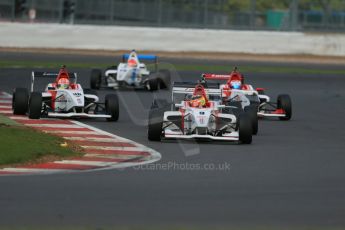World © Octane Photographic Ltd. BRDC Formula 4 Race 1, Silverstone, UK, Saturday 16th August 2014. MSV F4-013. Lanan Racing. Struan Moore, Arjun Maini and George Russell (with damaged nose) follwed by SWR – Sean Walkinshaw Racing, Alex Palou and Douglas Motorsport. Rodrigo Fonseca. Digital Ref : 1076LB1D5105