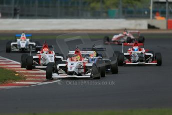 World © Octane Photographic Ltd. BRDC Formula 4 Race 1, Silverstone, UK, Saturday 16th August 2014. MSV F4-013. Lanan Racing. Struan Moore, Arjun Maini and George Russell (with damaged nose) follwed by SWR – Sean Walkinshaw Racing, Alex Palou and Douglas Motorsport. Rodrigo Fonseca. Digital Ref : 1076LB1D5108