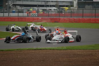 World © Octane Photographic Ltd. BRDC Formula 4 Championship. MSV F4-013. Silverstone, Sunday 27th April 2014. Sean Walkinshaw Racing (SWR) – Jordan Albert, Lanan Racing - Struan Moore and Mark Godwin Racing (MGR) - Chris Middlehurst fight it out. Digital Ref : 0914lb1d1947