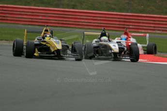 World © Octane Photographic Ltd. BRDC Formula 4 Championship. MSV F4-013. Silverstone, Sunday 27th April 2014. Sean Walkinshaw Racing (SWR) – Nicolas Beer battling with HHC Motorsport - Sennan Fielding. Digital Ref : 0916lb1d9575