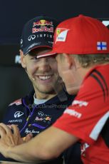 World © Octane Photographic Ltd. Thursday 17th July 2014. German GP, Hockenheim - Formula 1 FIA Press Conference. Scuderia Ferrari F14T – Kimi Raikkonen shares a laugh with Infiniti Red Bull Racing RB10 - Sebastian Vettel. Digital Ref: 1033LB1D4148