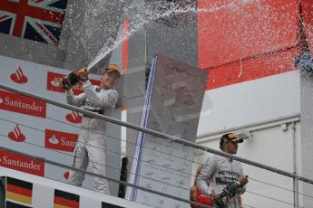 World © Octane Photographic Ltd. Sunday 20th July 2014. German GP, Hockenheim. - Formula 1 Podium. Mercedes AMG Petronas F1 W05 Hybrid - Nico Rosberg (1st) and Lewis Hamilton (3rd). Digital Ref: 1052LB1D8817