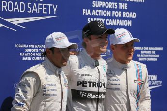 World © Octane Photographic Ltd. Saturday 19th July 2014. German GP, Hockenheim. - Formula 1 Qualifying photo call. Mercedes AMG Petronas F1 W05 Hybrid - Nico Rosberg and Williams Martini Racing FW36 – Felipe Massa and Valtteri Bottas. Digital Ref: 1046LB1D7290