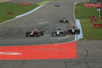 World © Octane Photographic Ltd. Sunday 20th July 2014. German GP, Hockenheim. - Formula 1 Race. Mercedes AMG Petronas F1 W05 Hybrid – Lewis Hamilton, Infiniti Red Bull Racing RB10 – Daniel Ricciardo and Scuderia Toro Rosso STR9 - Jean-Eric Vergne. Digital Ref :