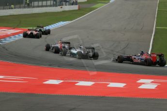 World © Octane Photographic Ltd. Sunday 20th July 2014. German GP, Hockenheim. - Formula 1 Race. Sahara Force India VJM07 – Nico Hulkenburg, Mercedes AMG Petronas F1 W05 Hybrid – Lewis Hamilton, Scuderia Ferrari F14T – Kimi Raikkonen, Infiniti Red Bull Racing RB10 – Daniel Ricciardo and Scuderia Toro Rosso STR9 - Jean-Eric Vergne. Digital Ref :