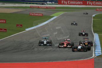 World © Octane Photographic Ltd. Sunday 20th July 2014. German GP, Hockenheim. - Formula 1 Race. Sahara Force India VJM07 – Nico Hulkenburg, Mercedes AMG Petronas F1 W05 Hybrid – Lewis Hamilton, Scuderia Ferrari F14T – Kimi Raikkonen and Infiniti Red Bull Racing RB10 – Daniel Ricciardo. Digital Ref :