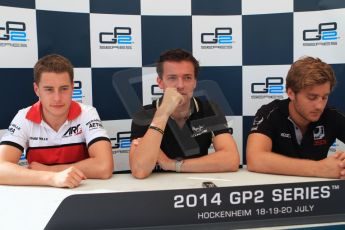 World © Octane Photographic Ltd. Friday 18th July 2014. GP2 Qualifying press conference – German GP - Hockenheim. Jolyon Palmer – DAMS (1st), Stoffel Vandoorne - ART Grand Prix (2nd) and Stefano Coletti - Racing Engineering (3rd). Digital Ref :