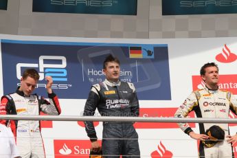 World © Octane Photographic Ltd. Saturday 19th July 2014. GP2 Race 1 – German GP - Hockenheim. Mitch Evans - RT Russian Time (1st), Stoffel Vandoorne - ART Grand Prix (2nd) and Jolyon Palmer – DAMS (3rd). Digital Ref : 1045CB7D5517