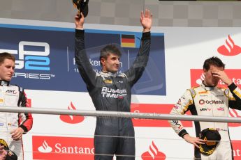 World © Octane Photographic Ltd. Saturday 19th July 2014. GP2 Race 1 – German GP - Hockenheim. Mitch Evans - RT Russian Time (1st), Stoffel Vandoorne - ART Grand Prix (2nd) and Jolyon Palmer – DAMS (3rd). Digital Ref : 1045CB7D5547