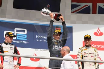 World © Octane Photographic Ltd. Saturday 19th July 2014. GP2 Race 1 – German GP - Hockenheim. Mitch Evans - RT Russian Time (1st), Stoffel Vandoorne - ART Grand Prix (2nd) and Jolyon Palmer – DAMS (3rd). Digital Ref : 1045CB7D5562