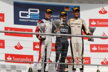 World © Octane Photographic Ltd.  Saturday 19th July 2014. GP2 Race 1 – German GP - Hockenheim. Mitch Evans - RT Russian Time (1st), Stoffel Vandoorne - ART Grand Prix (2nd) and Jolyon Palmer – DAMS (3rd). Digital Ref : 1045CB7D5609