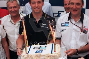 World © Octane Photographic Ltd. Saturday 19th July 2014. GP2's 200th race celebration cake held by championship leader Jolyon Palmer of DAMS. Digital ref: 1045CB7D6039
