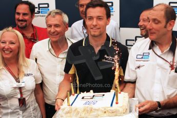World © Octane Photographic Ltd. Saturday 19th July 2014. GP2's 200th race celebration cake held by championship leader Jolyon Palmer of DAMS. Digital ref: 1045CB7D6067