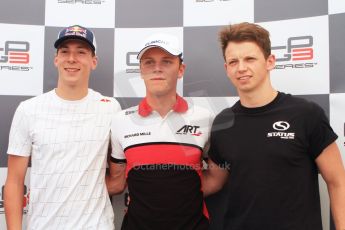 World © Octane Photographic Ltd. Saturday 19th July 2014. GP3 Qualifying Session press conference. German GP, Hockenheim. Marvin Kirchhofer - ART Grand Prix (1st), Alex Lynn - Carlin (2nd) and Nick Yelloly - Status Grand Prix (3rd). Digital Ref : 1041CB7D5963