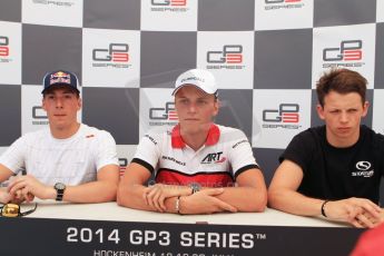 World © Octane Photographic Ltd. Saturday 19th July 2014. GP3 Qualifying Session press conference. German GP, Hockenheim. Marvin Kirchhofer - ART Grand Prix (1st), Alex Lynn - Carlin (2nd) and Nick Yelloly - Status Grand Prix (3rd). Digital Ref : 1041CB7D5970