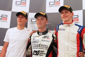 World © Octane Photographic Ltd. Saturday 19th July 2014. GP3 Race 1 press conference. German GP, Hockenheim. Marvin Kirchhofer - ART Grand Prix (1st), Alex Lynn - Carlin (2nd) and Emil Bernstorff - Carlin (3rd). Digital Ref : 1047CB7D6370