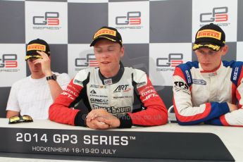 World © Octane Photographic Ltd. Saturday 19th July 2014. GP3 Race 1 press conference. German GP, Hockenheim. Marvin Kirchhofer - ART Grand Prix (1st), Alex Lynn - Carlin (2nd) and Emil Bernstorff - Carlin (3rd). Digital Ref : 1047CB7D6386