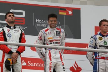 World © Octane Photographic Ltd. Sunday 20th July 2014. GP3 Race 2. German GP, Hockenheim. Jann Mardenborough (1st), Dino Zamparelli - ART Grand Prix (2nd) and Jimmy Eriksson - Koiranen GP (3rd but later demoted to 15th for a yellow flag infringement after at 20 sec time penalty). Digital Ref : 1049CB7D5777