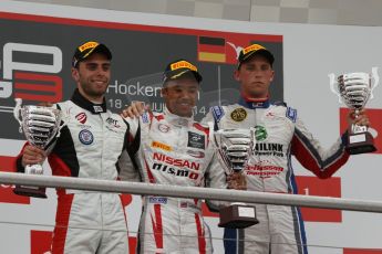 World © Octane Photographic Ltd. Sunday 20th July 2014. GP3 Race 2. German GP, Hockenheim. Jann Mardenborough (1st), Dino Zamparelli - ART Grand Prix (2nd) and Jimmy Eriksson - Koiranen GP (3rd but later demoted to 15th for a yellow flag infringement after at 20 sec time penalty). Digital Ref : 1049CB7D5885