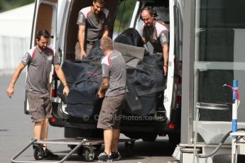 World © Octane Photographic Ltd. Saturday 19th July 2014. German GP, Hockenheim. - Formula 1 Qualifying. Sauber C33 spare chassis being delivered after qualifying. Digital Ref: