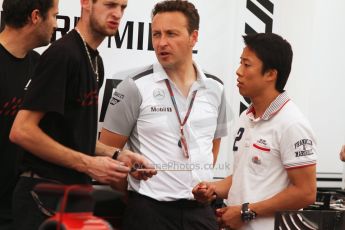 World © Octane Photographic Ltd. Thursday 17th July 2014. GP2 Paddock – German GP - Hockenheim. Takuya Izawa - ART Grand Prix and Emmanuel Esnault, McLaren Support operations Manager. Digital Ref : 1034CB7D4556