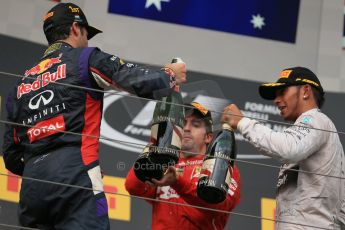 World © Octane Photographic Ltd. Sunday 27th July 2014. Hungarian GP, Hungaroring - Budapest. Podium. Infiniti Red Bull Racing RB10 – Daniel Ricciardo, Mercedes AMG Petronas F1 W05 Hybrid – Lewis Hamilton and Scuderia Ferrari F14T - Fernando Alonso. Digital Ref: 1074LB1D4576