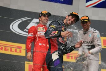 World © Octane Photographic Ltd. Sunday 27th July 2014. Hungarian GP, Hungaroring - Budapest. Podium. Infiniti Red Bull Racing RB10 – Daniel Ricciardo, Mercedes AMG Petronas F1 W05 Hybrid – Lewis Hamilton and Scuderia Ferrari F14T - Fernando Alonso. Digital Ref: 1074LB1D4586