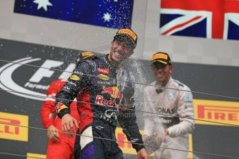 World © Octane Photographic Ltd. Sunday 27th July 2014. Hungarian GP, Hungaroring - Budapest. Podium. Infiniti Red Bull Racing RB10 – Daniel Ricciardo, Mercedes AMG Petronas F1 W05 Hybrid - Lewis Hamilton and Scuderia Ferrari F14T - Fernando Alonso. Digital Ref: 1074LB1D4592